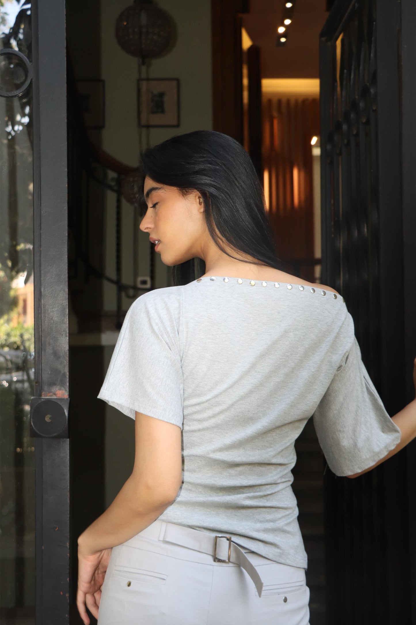 Studded One-Shoulder Top - Grey