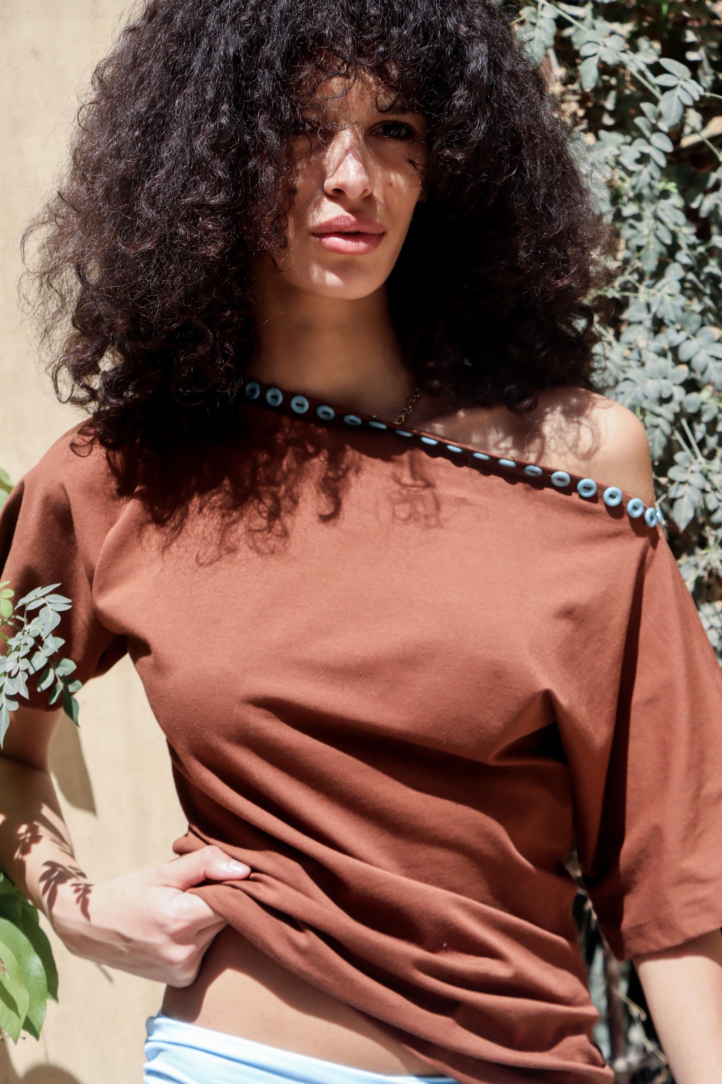 Studded One-Shoulder Top - Brown