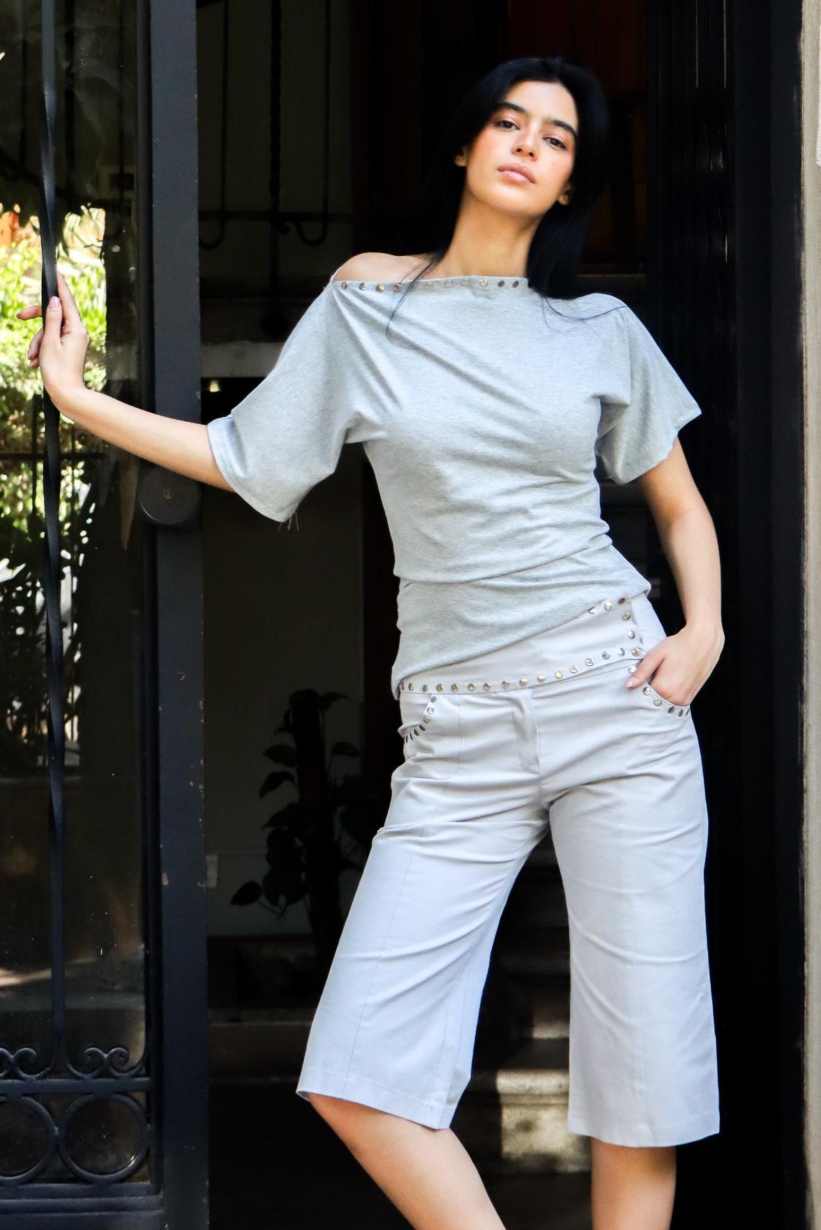 Studded One-Shoulder Top - Grey