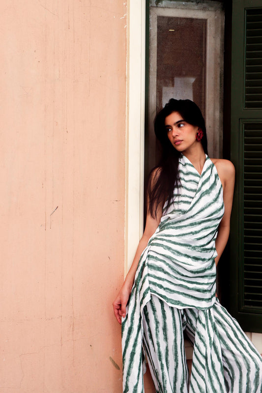 Summer Stripe Draped Set - Green