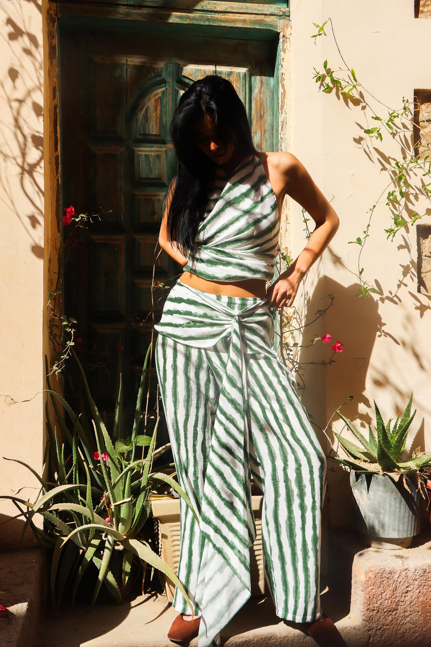 Summer Stripe Draped Set - Green